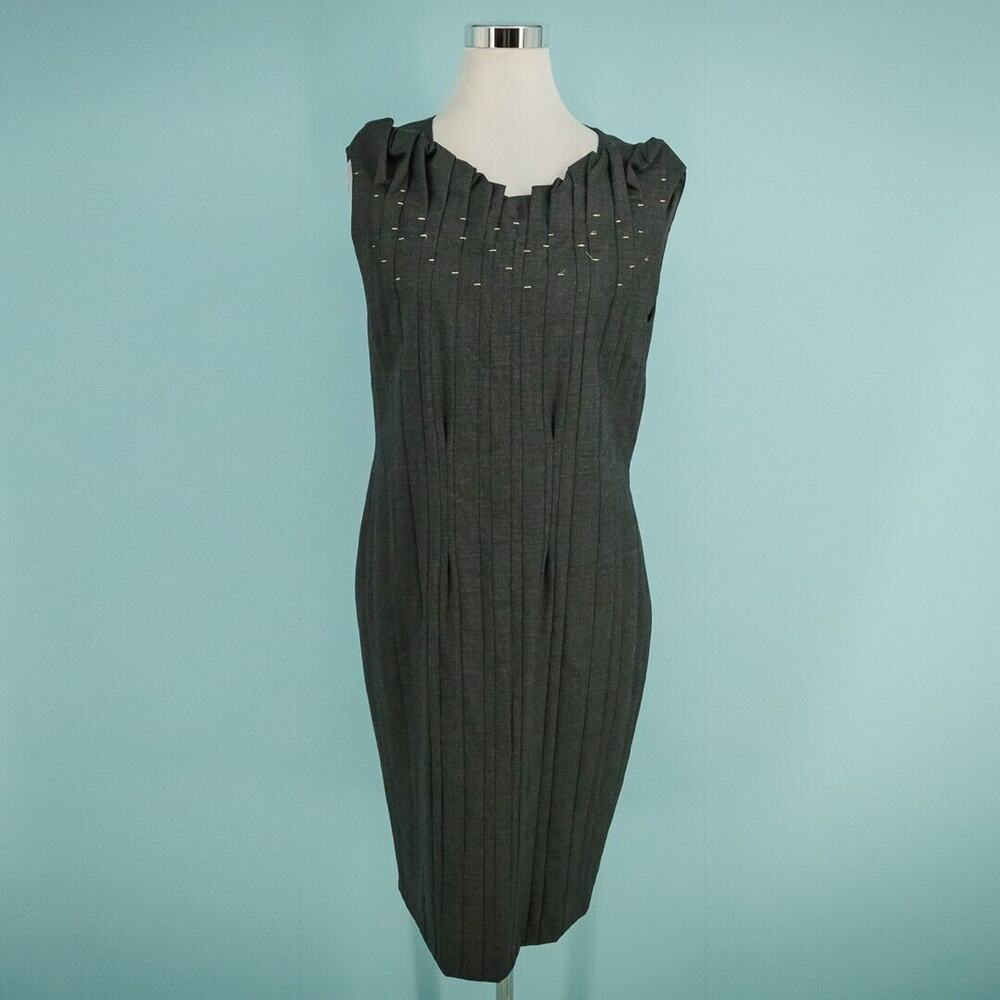 Hugo Boss Size 12 Elbise Gray Pintuck Pleated Embroidered Sheath Wool Dress